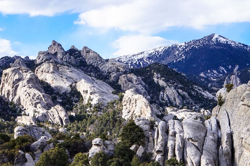 city of rocks national park idaho with sawtooth mountains in background