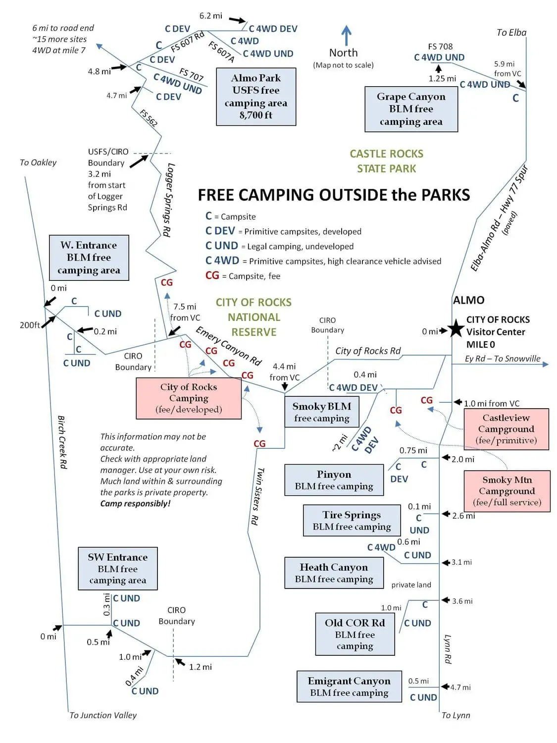 map showing all of the camping areas around city of rocks national park