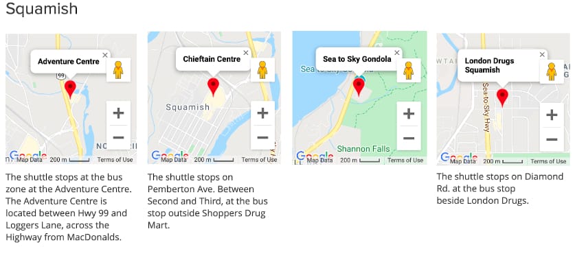 locations of bus drop off in Squamish