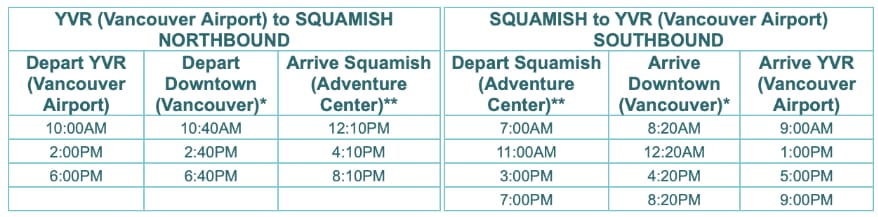 bus scheduled between Squamish and Vancouver