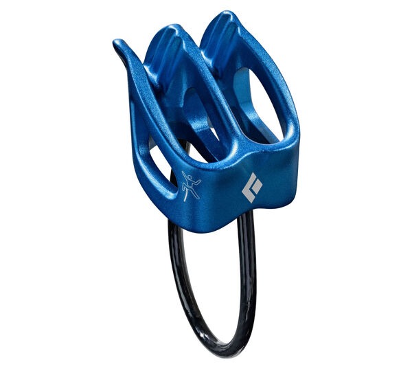 blue belay device with two tubes