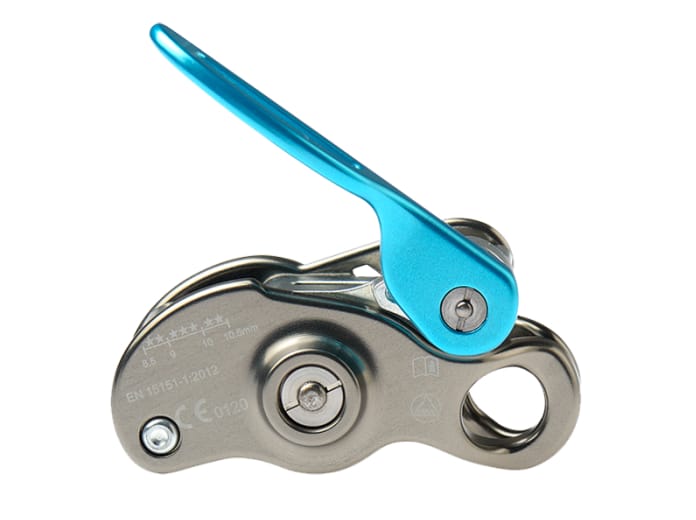 teal and grey assisted braking belay device