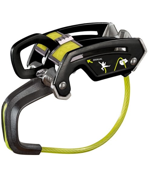 black and yellow assisted braking belay device