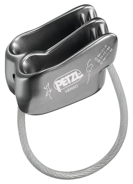 grey belay device with two tubes