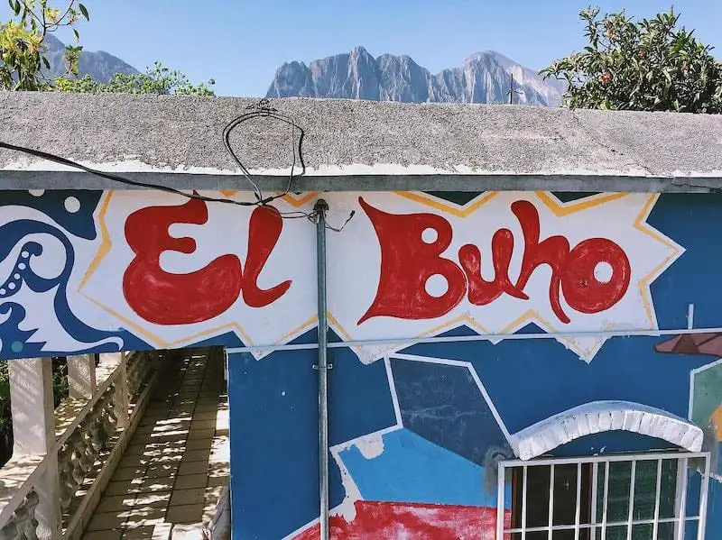 entrance to the Climber Café el buho with El Potrero Chico in the background