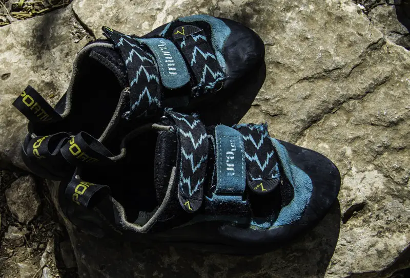 Used Miura climbing shoes seen from above