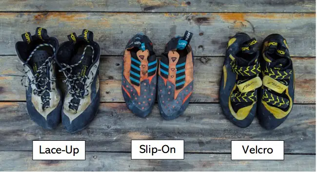 Different climbing shoe closure systems