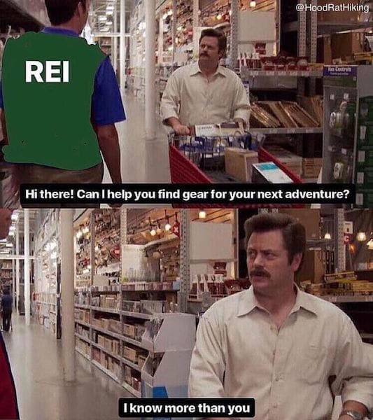 Climbing meme, rei employee not knowing anything 